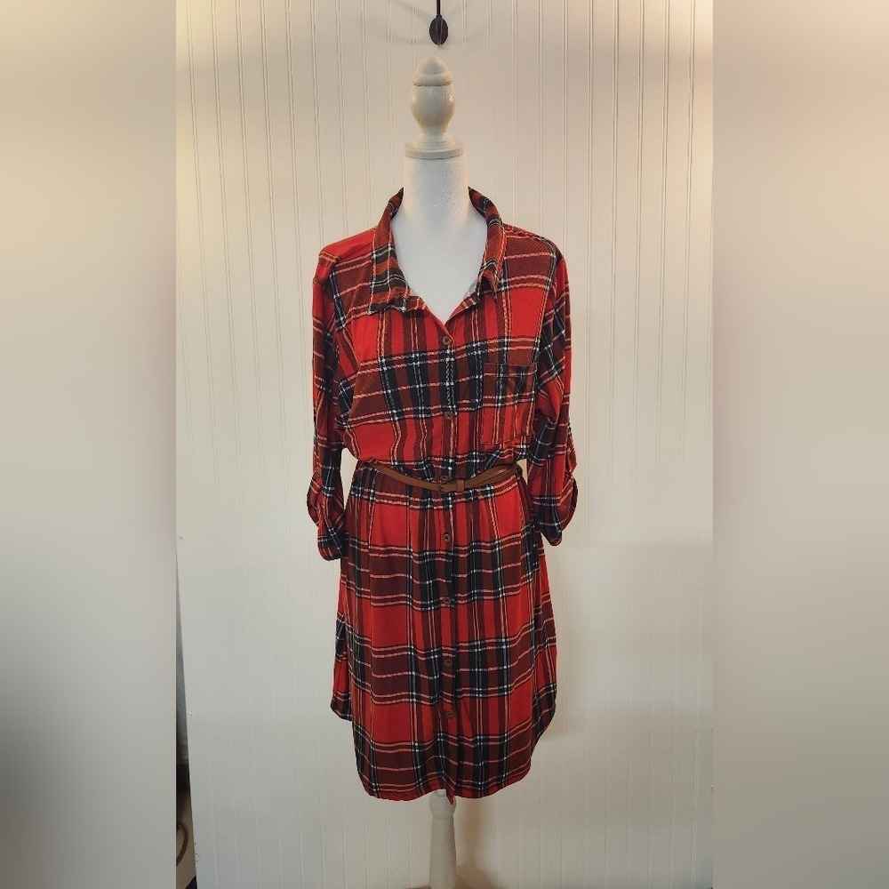 Full Circle Trends Women's Ruby Red Flannel Dress Faux Leather Belt Size‎ 1X